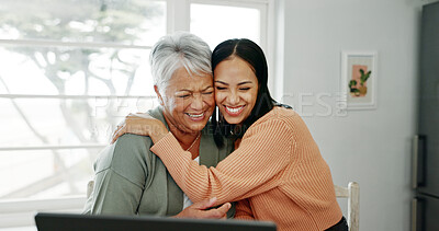 Buy stock photo Senior woman, hug and laptop with support in home with tech learning and helping with internet banking. Family love, mom and embrace with smile, happy and care with planning and digital assistance