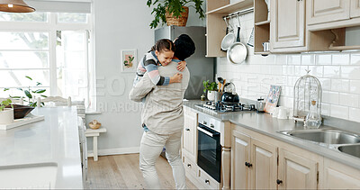 Buy stock photo Father, happy child and hug in kitchen for love, support and connection in family home. Dad, girl and embrace kid for trust, bonding or care for foster daughter with parent to celebrate custody win