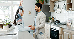 Dad, girl and happy on kitchen counter in home for bonding, fun and support with playing. People, parent and smile with kid as family on break to relax or rest for child development, care and growth