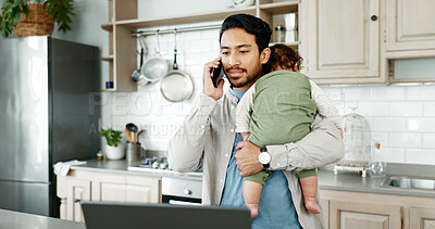 Buy stock photo Phone call, man and baby in kitchen for care, communication and contact in paternity leave. Father, sleeping child and mobile in home for checkup, doctor appointment and schedule for healthcare