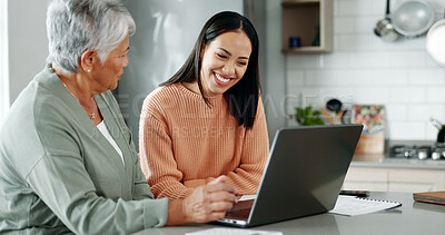 Buy stock photo Senior mother, daughter and happiness with laptop for retirement or estate planning. Female people, connection and technology for insurance policy, solidarity or support in apartment or family home