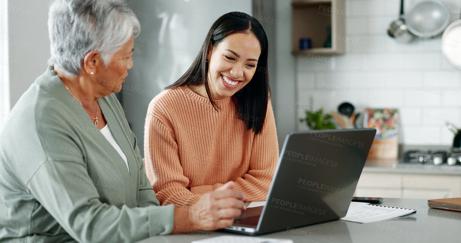 Buy stock photo Senior mother, daughter and happiness with laptop for retirement or estate planning. Female people, connection and technology for insurance policy, solidarity or support in apartment or family home