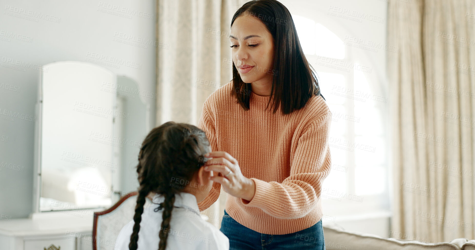 Buy stock photo Morning, school uniform and mama with girl, home and happiness with love, bonding together and care. Apartment, bed and single parent with daughter, mother and kid with help, excited and education