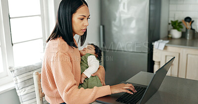 Buy stock photo Mother, baby and laptop in kitchen for remote work, reading email and business report with spreadsheet. Woman, newborn and technology in house for freelance, video call and research as entrepreneur