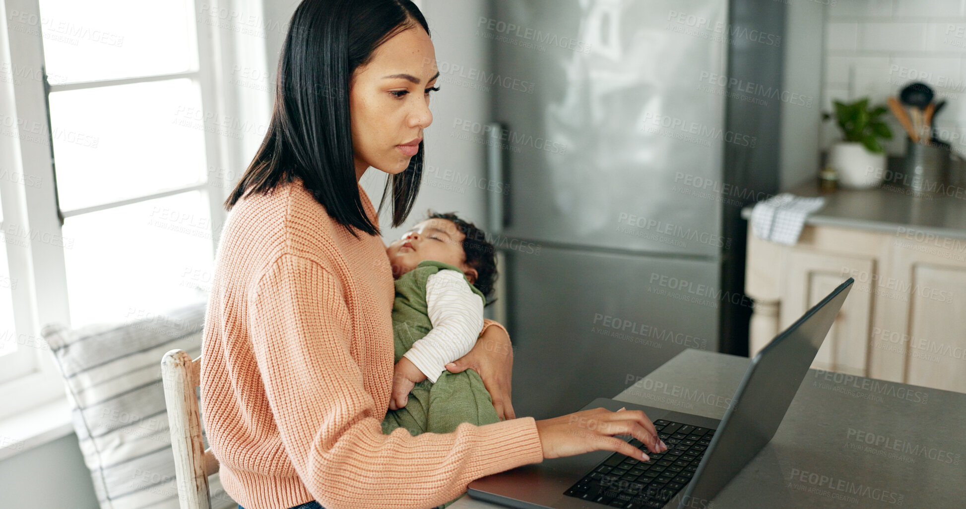 Buy stock photo Mother, baby and laptop in kitchen for remote work, reading email and business report with spreadsheet. Woman, newborn and technology in house for freelance, video call and research as entrepreneur