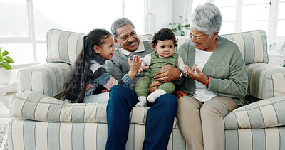 Buy stock photo Grandparents, relax and grandchildren on sofa for bonding, play and family support in living room. Grandma, grandpa and grandkids together for love, people and development in house with playful