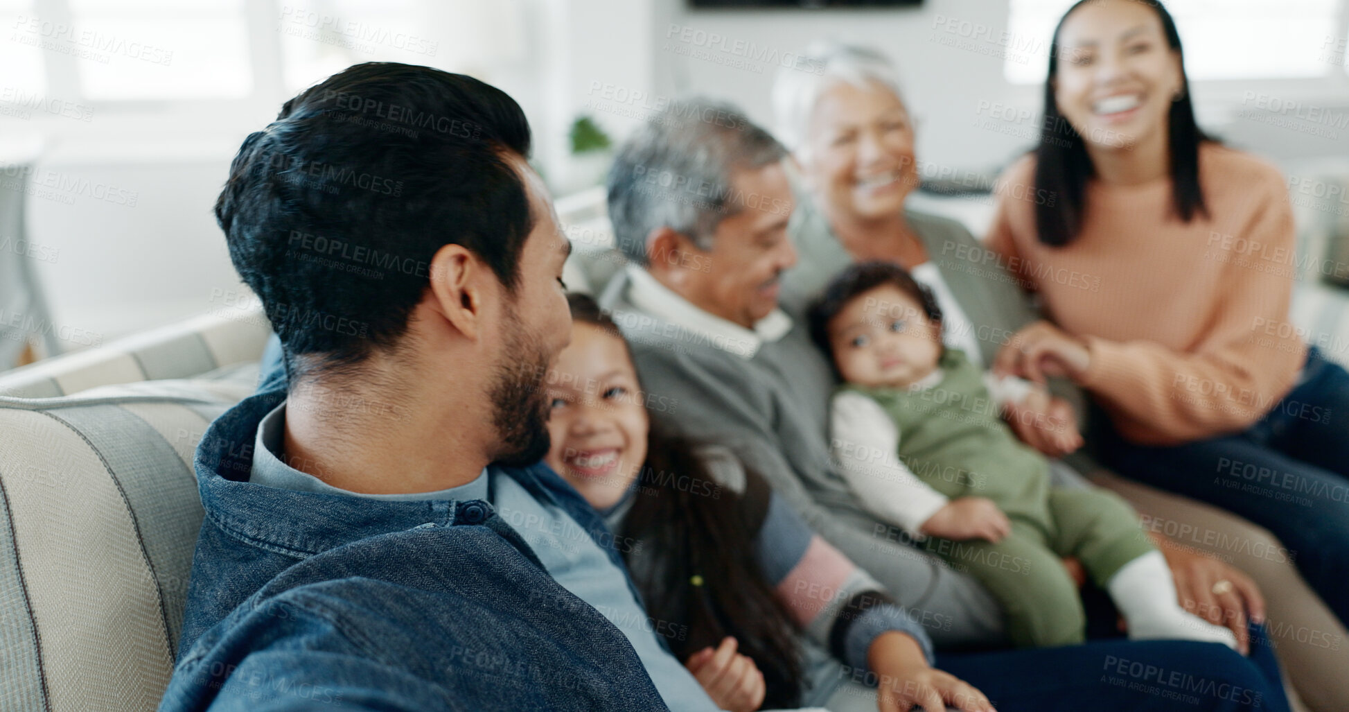 Buy stock photo Big family, relax and selfie on sofa for bonding, happiness and fun memory in living room. Grandparents, parents and kids as generations for love, people and visit in house with social media