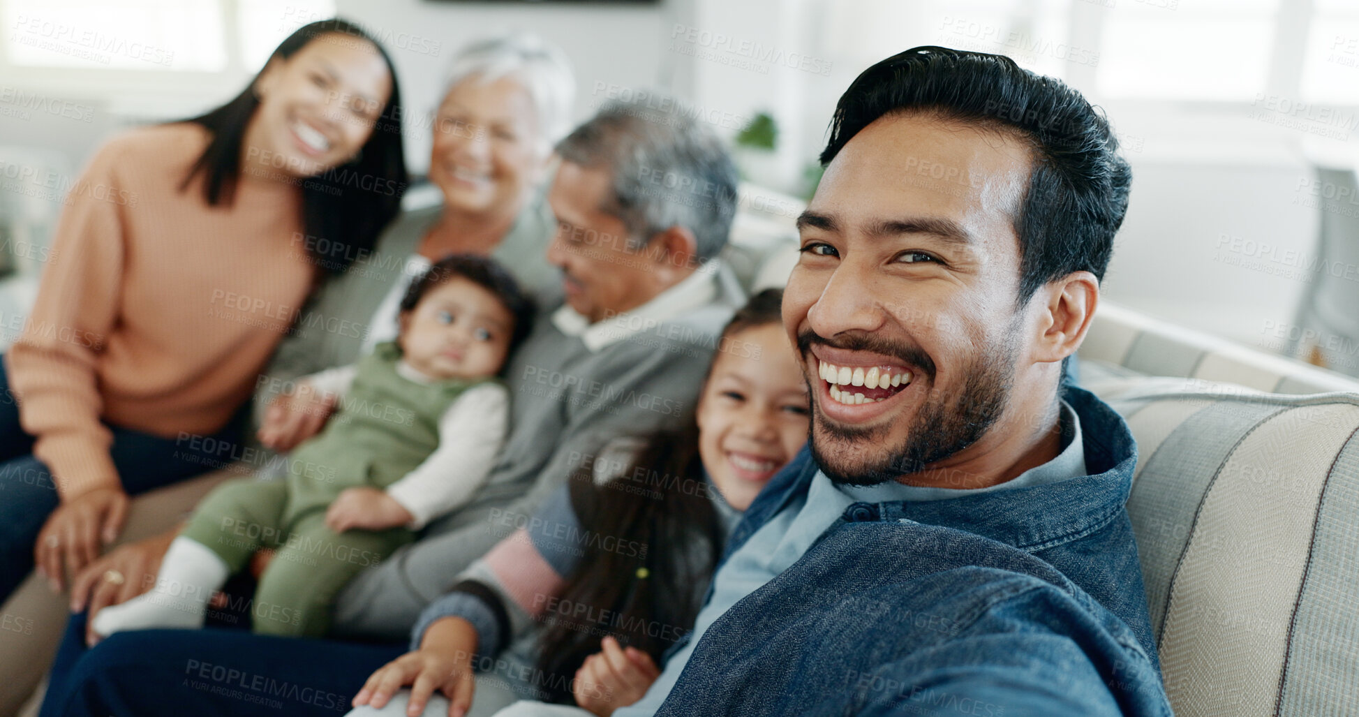 Buy stock photo Home, family and man with selfie for happy memory, social media post and profile picture update on sofa. Photography, people and smile with weekend visit, bonding and relax in living room of house