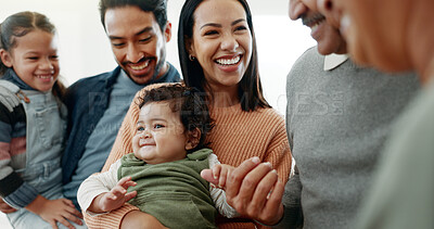 Buy stock photo Big family, happy and playing with baby in home for weekend visit, bonding together and support. Generations, parents or grandparents with children for fun holiday, playful people or excited in house