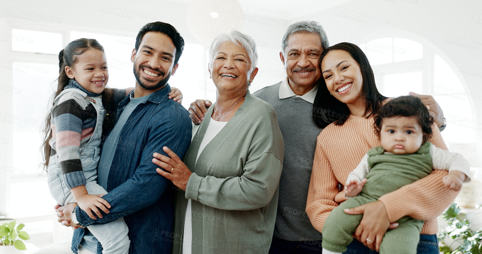 Buy stock photo Big family, portrait and smile with love in home for weekend visit, bonding together and support. Happy people, parents and grandparents with children for fun holiday, relax and generations in house