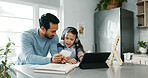 Tablet, education and dad with child in home for online learning, school project or math lesson. Family, digital tech and father help girl with homework for research, teaching and abacus for counting