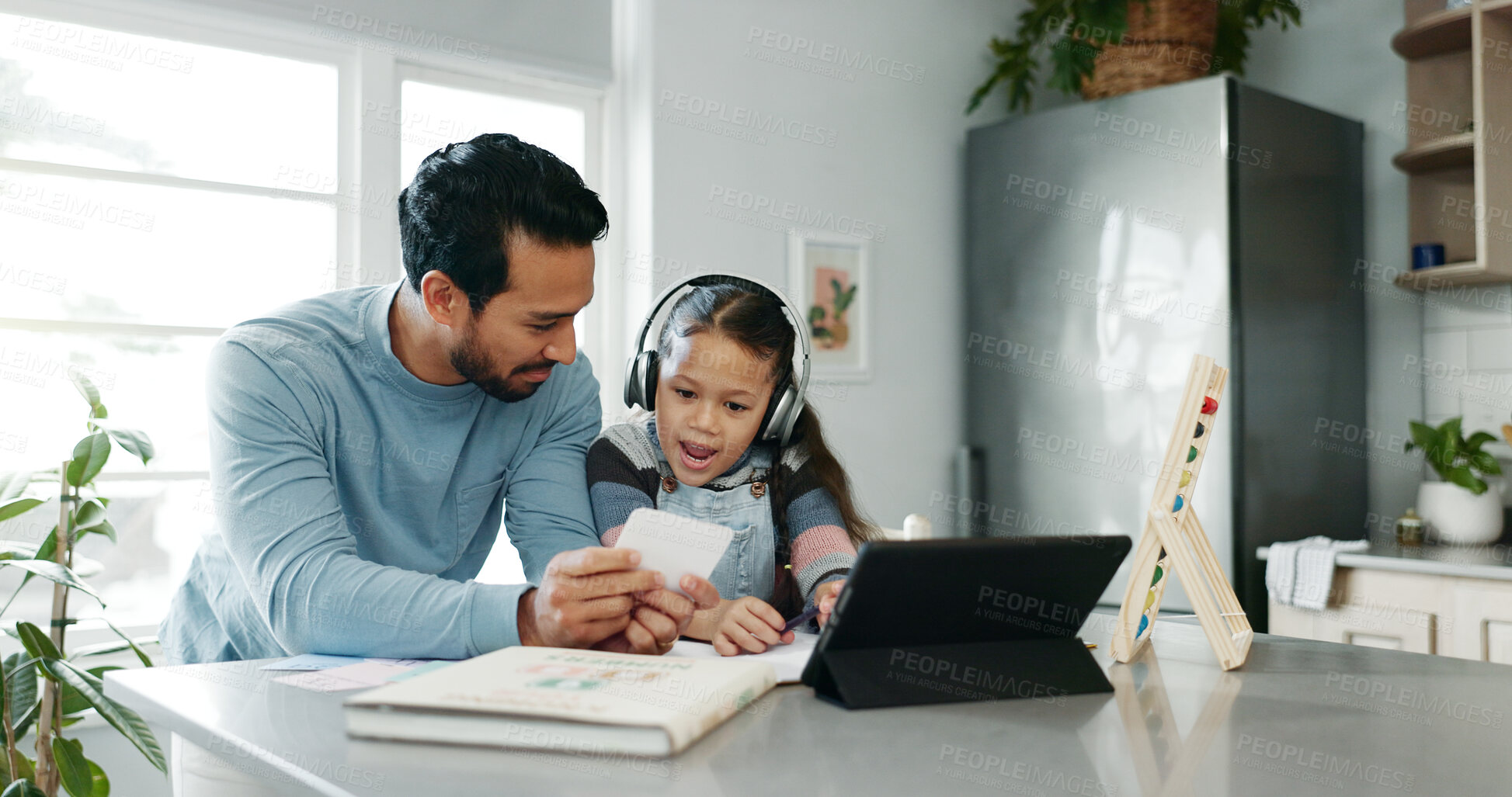 Buy stock photo Tablet, education and dad with child in home for online learning, school project or math lesson. Family, digital tech and father help girl with homework for research, teaching and abacus for counting