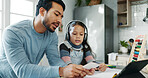 Tablet, education and dad with girl in home for online learning, school project or math lesson. Family, digital tech and father help child with homework for research, teaching and abacus for counting