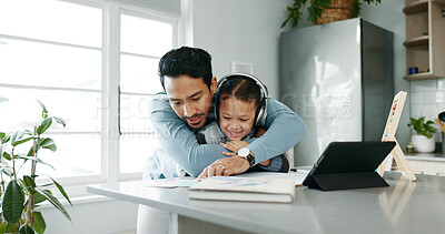 Buy stock photo Tablet, books and dad with child in home for online learning, school project and lesson. Family, digital tech and father help girl with homework for research, teaching and reading for development