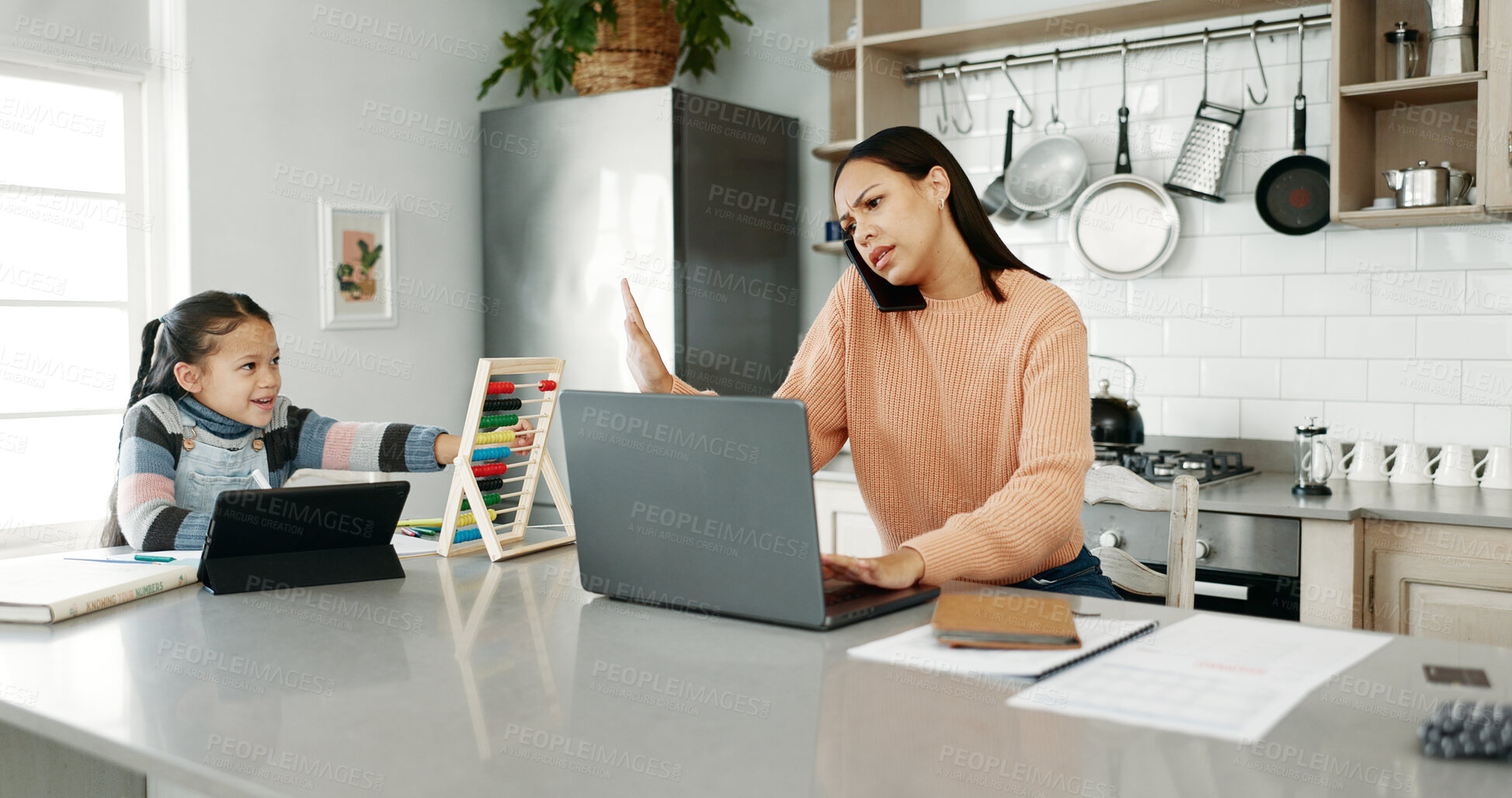 Buy stock photo Woman, stress and phone call in home, child learning and laptop for negotiation with bank in kitchen. Mother, frustrated and talking to consultant for help with audit, tablet and girl for education