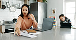 Woman, worry and phone call in home, child learning and paper for negotiation with bank in kitchen. Mother, frustrated and talking to consultant for help with audit, tablet and girl for education