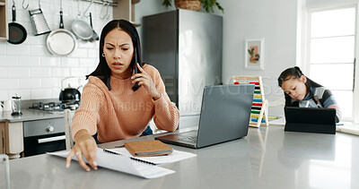 Buy stock photo Woman, worry and phone call in home, child learning and paper for negotiation with bank in kitchen. Mother, frustrated and talking to consultant for help with audit, tablet and girl for education