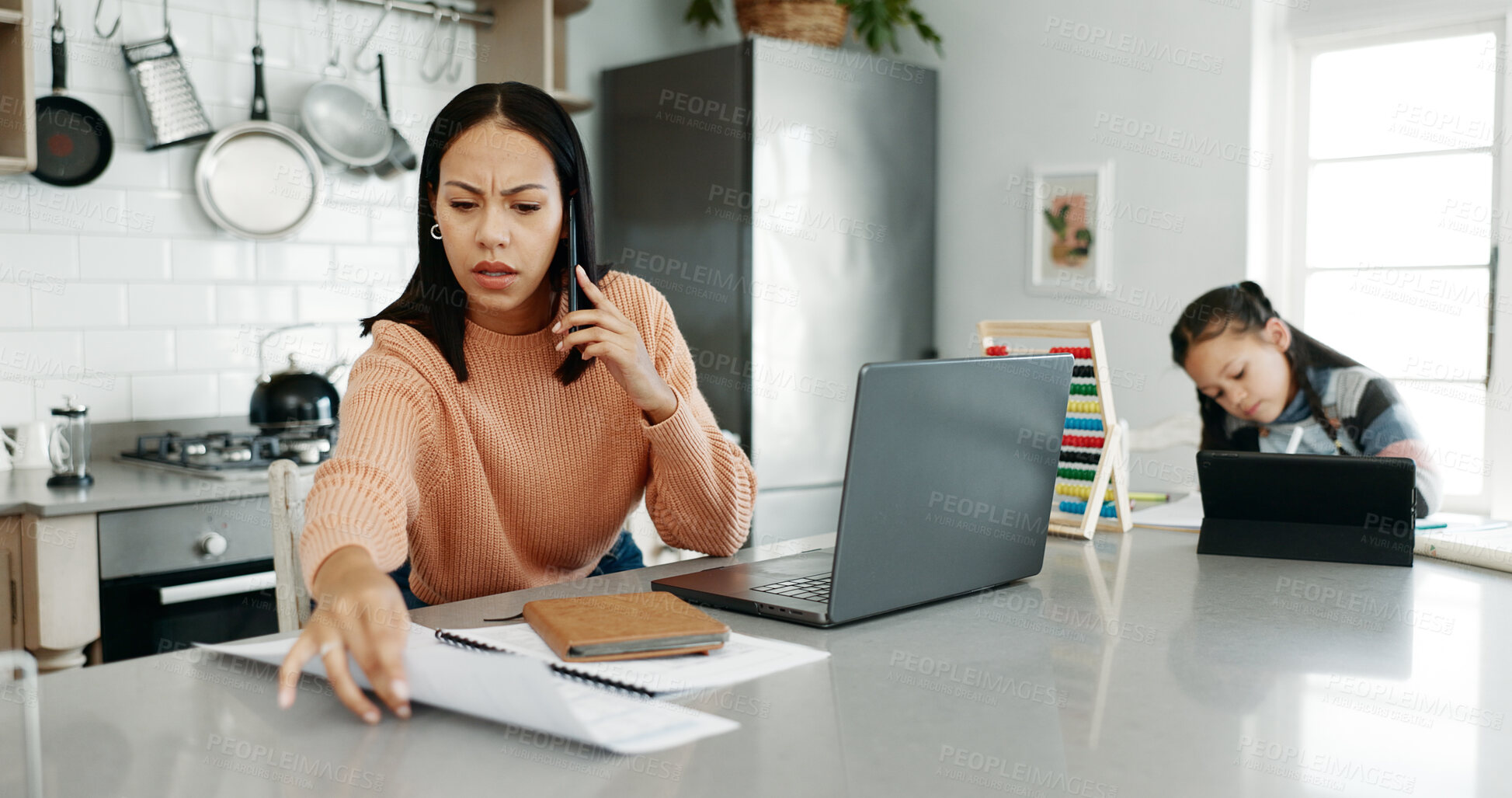 Buy stock photo Woman, worry and phone call in home, child learning and paper for negotiation with bank in kitchen. Mother, frustrated and talking to consultant for help with audit, tablet and girl for education