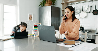 Buy stock photo Woman, stress and phone call in home, kid learning and laptop for negotiation with bank in kitchen. Mama, frustrated and talking to consultant for help with tax audit, tablet and girl for education