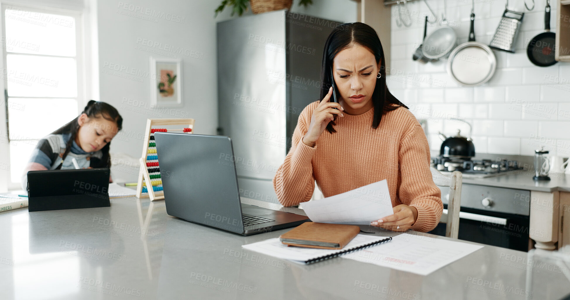 Buy stock photo Woman, paper and phone call in home, child learning and stress for negotiation with bank in kitchen. Mother, frustrated and talking to consultant for help with audit, tablet and girl for education