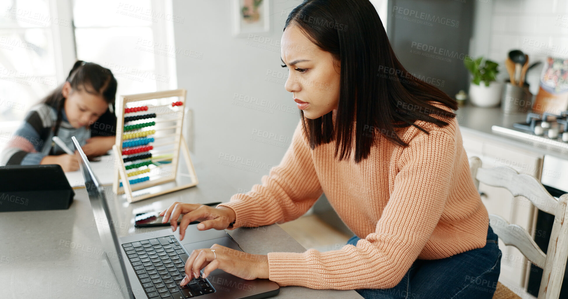 Buy stock photo Woman, stress and laptop in home, child learning and online for negotiation with bank in kitchen. Mother, frustrated and email consultant for helping with tax audit, tablet and girl for education