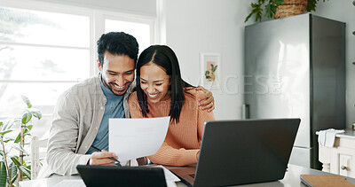 Buy stock photo Kitchen, couple and hug with laptop for finance, track expenses and success for budget goals. Happy, man or woman with tax document for accounts management, savings or mortgage review at home