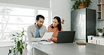 Kitchen, couple and conversation with document for finance, track expenses and laptop for budget goal. Discussion, man and woman with tax paper for checking, mortgage review or handle savings at home