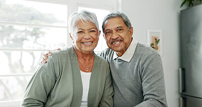 Buy stock photo Kitchen, senior couple and portrait with embrace for love, connection and bonding together in retirement. Elderly people, woman and man with hug in marriage, commitment and security with care at home