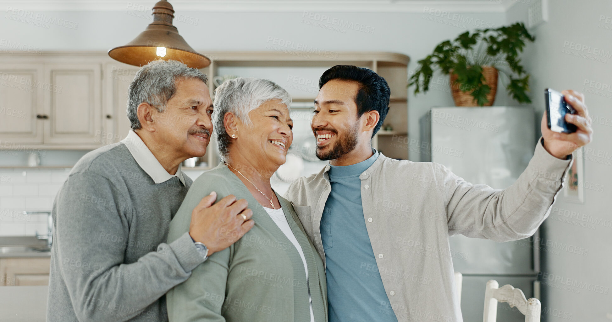 Buy stock photo House, parents and adult son with selfie for happy memory, social media post or profile picture update. Photography, people or family with weekend visit, bonding or enjoying quality time with embrace