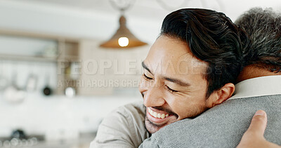 Buy stock photo Home, adult son and hug person with weekend visit, welcome and bonding moment with smile, love and care. Happy family, man and embrace father in house for hello, comfort and affection in apartment