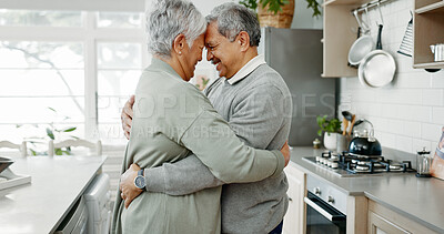 Buy stock photo Senior couple, dance and hug in house for love, care and romantic connection with marriage commitment. Elderly people, smile and embrace in home for support, bonding and relationship with loyalty