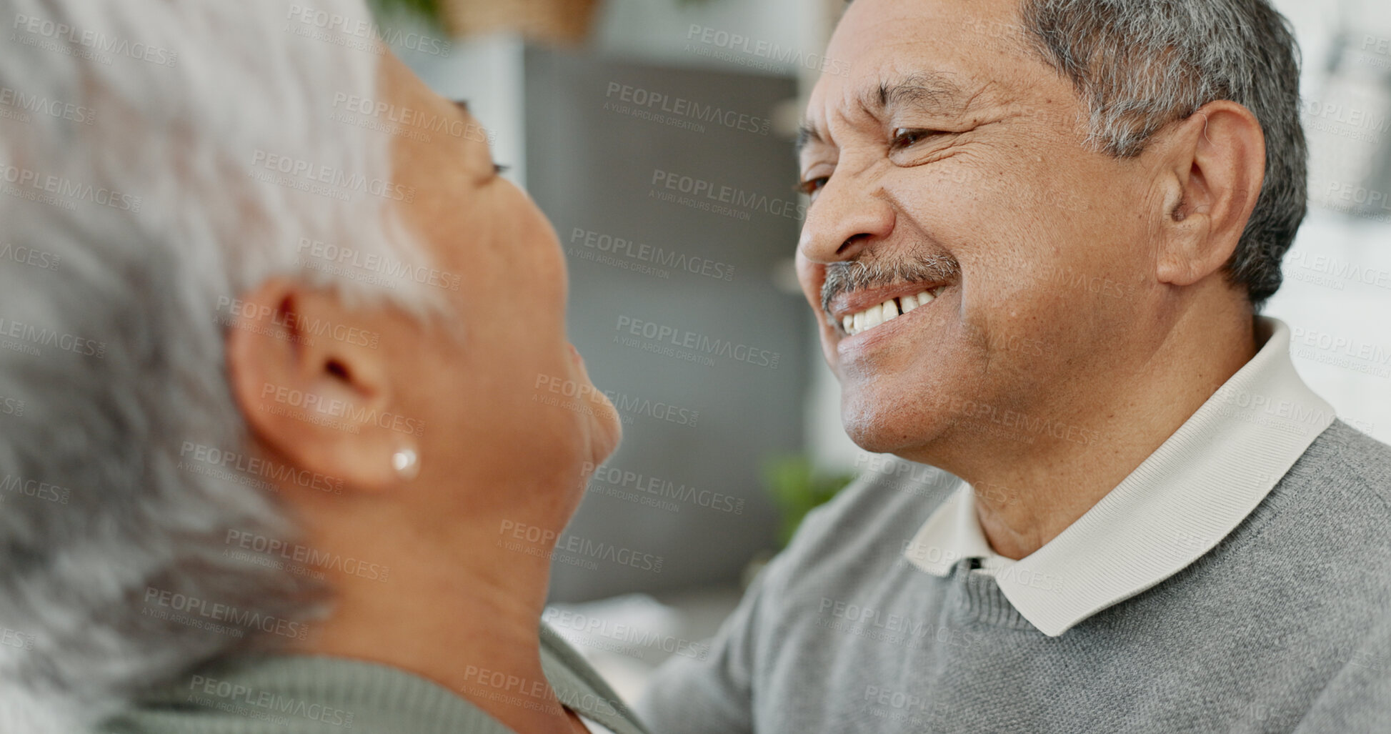 Buy stock photo Senior couple, happy and hug in house for love, care and romantic connection with marriage commitment. Elderly people, smile and embrace in home for support, bonding and relationship with loyalty