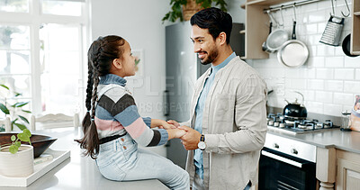 Buy stock photo Father, girl and holding hands on kitchen with care, love and support on counter with memory, chat and happy together. People, dad and child with connection, bonding and conversation in family house