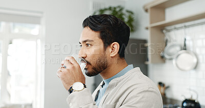 Buy stock photo Glass, relax and man in kitchen with water, inspiration or calm morning reflection with insight, Thinking, drink and person in home with ideas, nutrition and hydration for health, balance or wellness