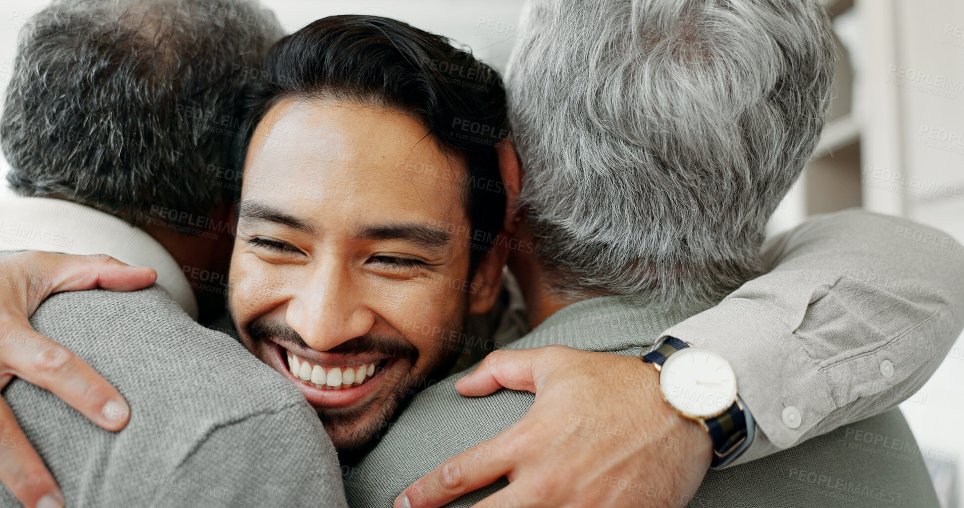 Buy stock photo Smile, adult son or hug parents for weekend visit, welcome or bonding moment with greeting, love or care. Family reunion, senior people or embrace man in house for hello, comfort or affection