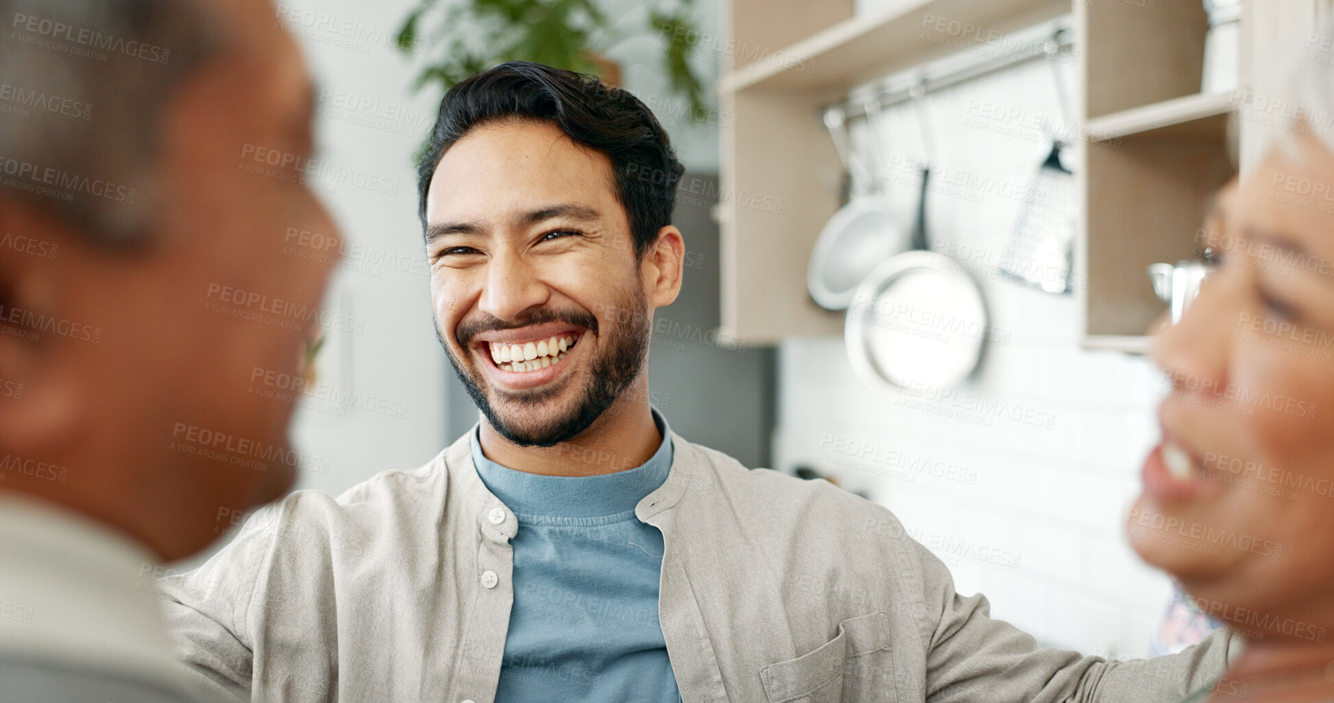 Buy stock photo Laughing, adult son and talking to parents for weekend visit, chat or bonding moment with smile, love or care. Family reunion, senior people and excited in house for joke, funny or support in kitchen