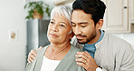 Home, hug and man with senior mom for bonding, loving relationship and care for visit in retirement. Family, comfort and person with mature mother embrace for affection, love and support in house