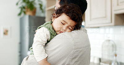 Buy stock photo Sleep, home and man with baby on shoulder for bonding, support and healthy child development. Relax, dad and tired kid in kitchen with love, childcare and rest for growth, comfort and family wellness