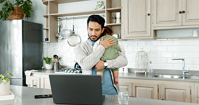 Buy stock photo Laptop, remote work and dad with baby in kitchen sleeping for networking, research and time management. Balance, man and child in home with computer for online project, childcare and freelance job