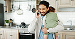 Phone, call and dad with baby in kitchen sleeping for networking, communication or work from home. Contact, man and child in apartment with smartphone, schedule balance or freelance job for parents