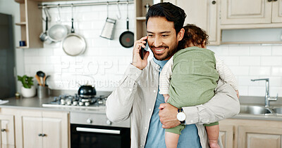 Buy stock photo Phone, call and dad with baby in kitchen sleeping for networking, communication or work from home. Contact, man and child in apartment with smartphone, schedule balance or freelance job for parents