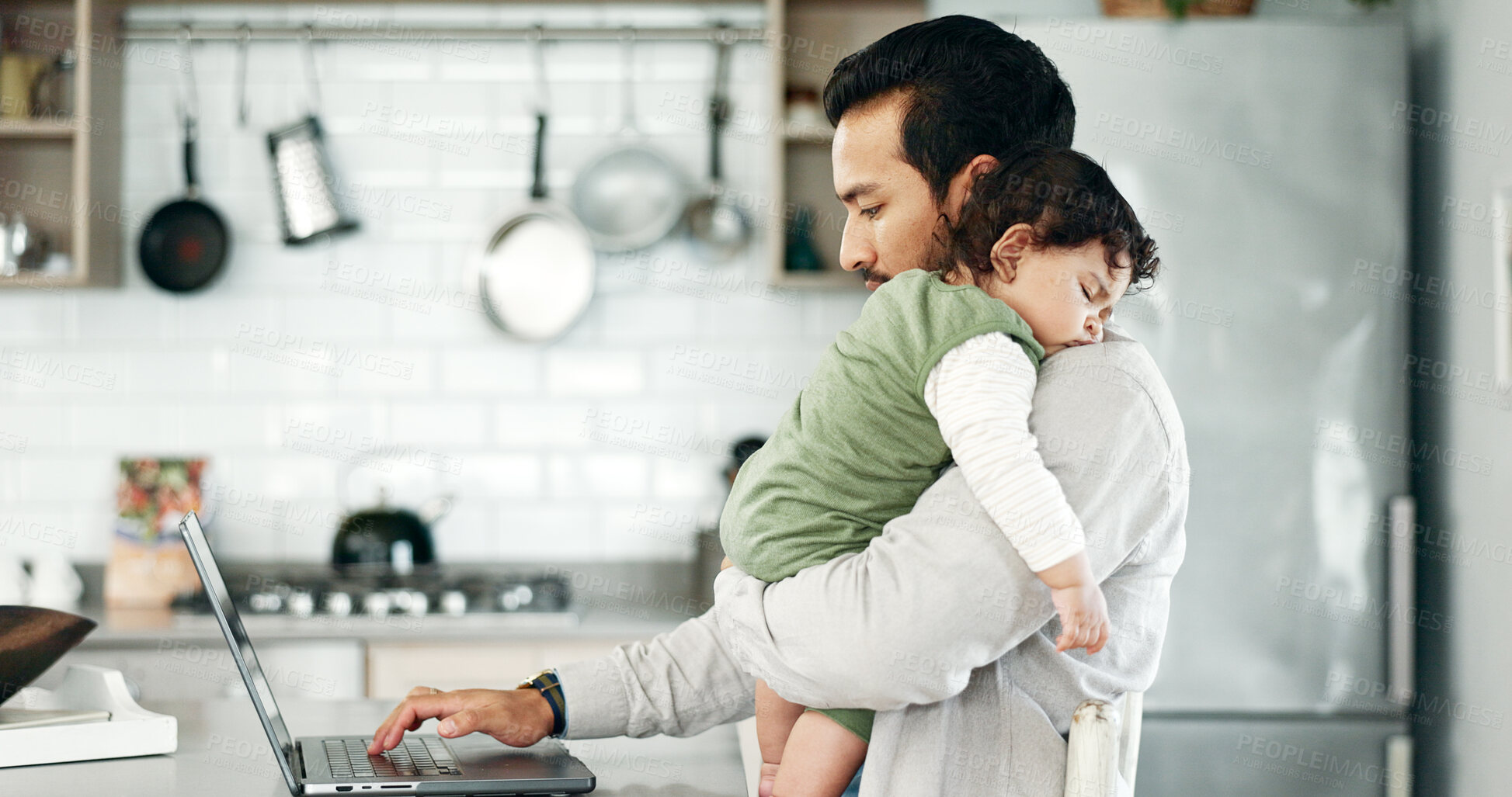 Buy stock photo Laptop, freelance and dad with baby in kitchen sleeping for networking, research and time management. Balance, man and child in apartment with computer for online project, childcare or work from home