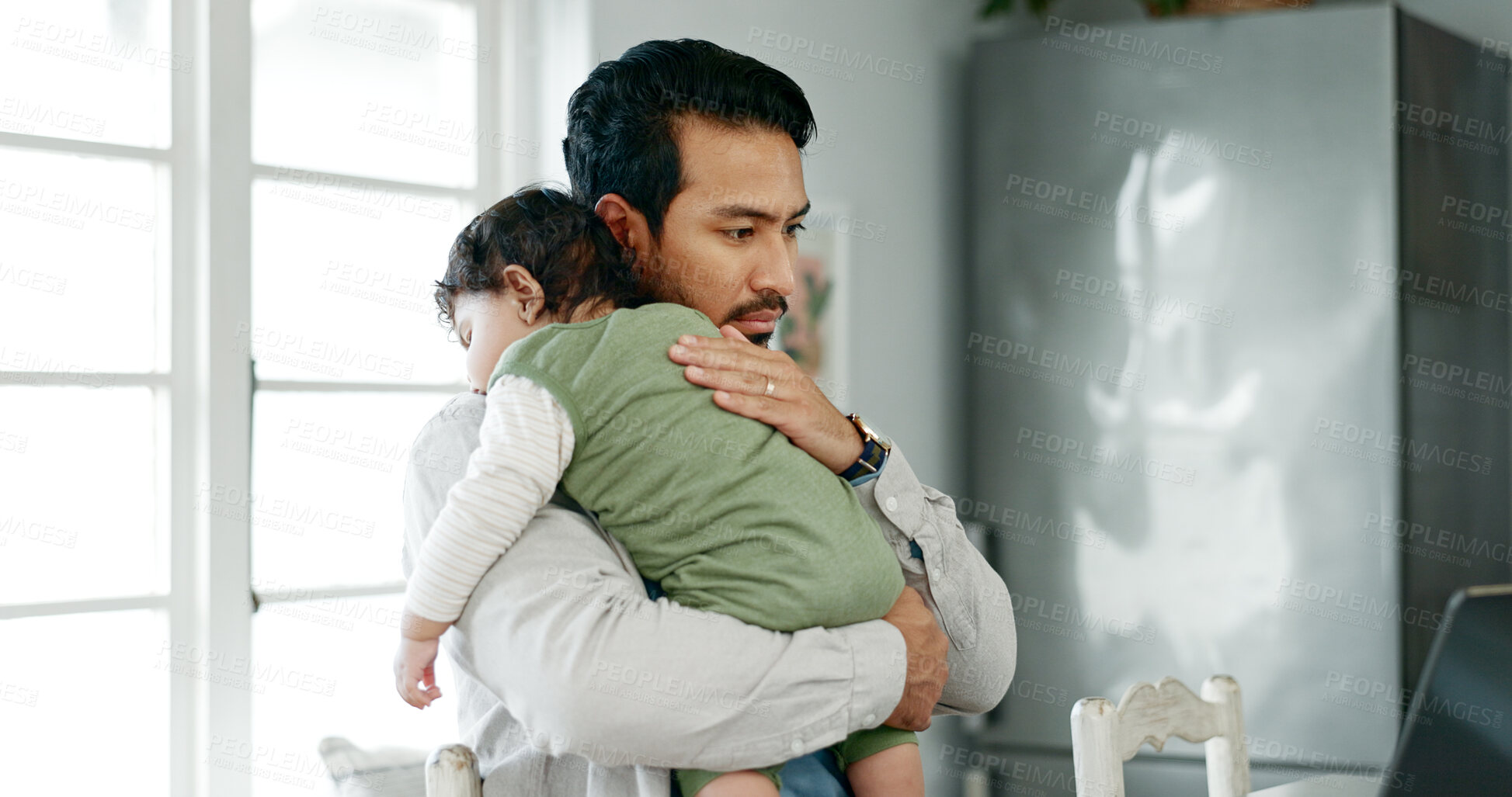 Buy stock photo Sleep, care and man with baby in home for bonding, support and healthy child development. Relax, dad and tired kid in kitchen with love, childcare and rest for growth, comfort and wellness for family