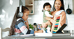 Tablet, education and child in kitchen with abacus for online learning, school project and math lesson. Family, mother with baby and girl on digital tech for homework, studying and toy for counting