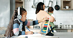 Tablet, math and child in kitchen with abacus for online learning, school project and lesson. Family home, digital tech and girl with homework for research, studying and educational toy for counting