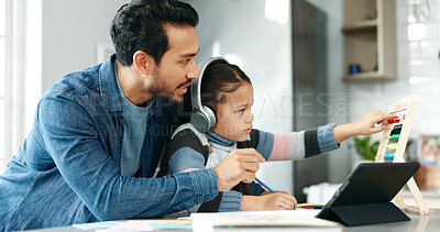 Buy stock photo Tablet, math and dad with child in home for online learning, school project and lesson with educational toys. Family, digital tech and father help girl with homework for research, teaching and abacus