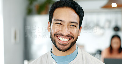 Buy stock photo Home, kitchen and portrait of Asian man with smile, confidence and freelancer with support for family wellness. Morning, relax and male person in house with pride, remote work and happy face in India