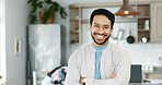 Home, kitchen and portrait of man with smile, confidence and freelancer with support for family wellness. Morning, relax and proud dad in house with arms crossed, remote work and happy face in India