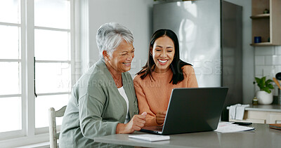 Buy stock photo Home, mother and daughter with laptop for budget, track expenses and success for financial goals. Kitchen, senior mom and happy woman with tax review for retirement, insurance savings and mortgage