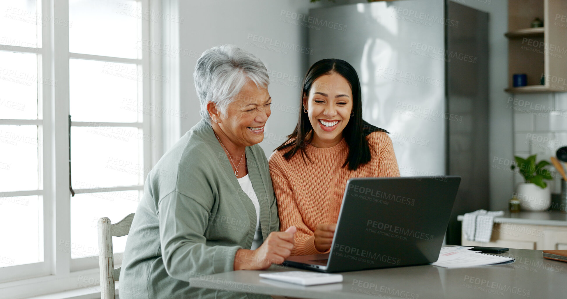 Buy stock photo Home, mother and daughter with laptop for budget, track expenses and success for financial goals. Kitchen, senior mom and happy woman with tax review for retirement, insurance savings and mortgage